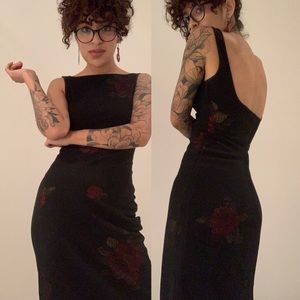Vintage Bebe Midi Mesh Black and Red Roses Layered Cocktail Dress Size Small